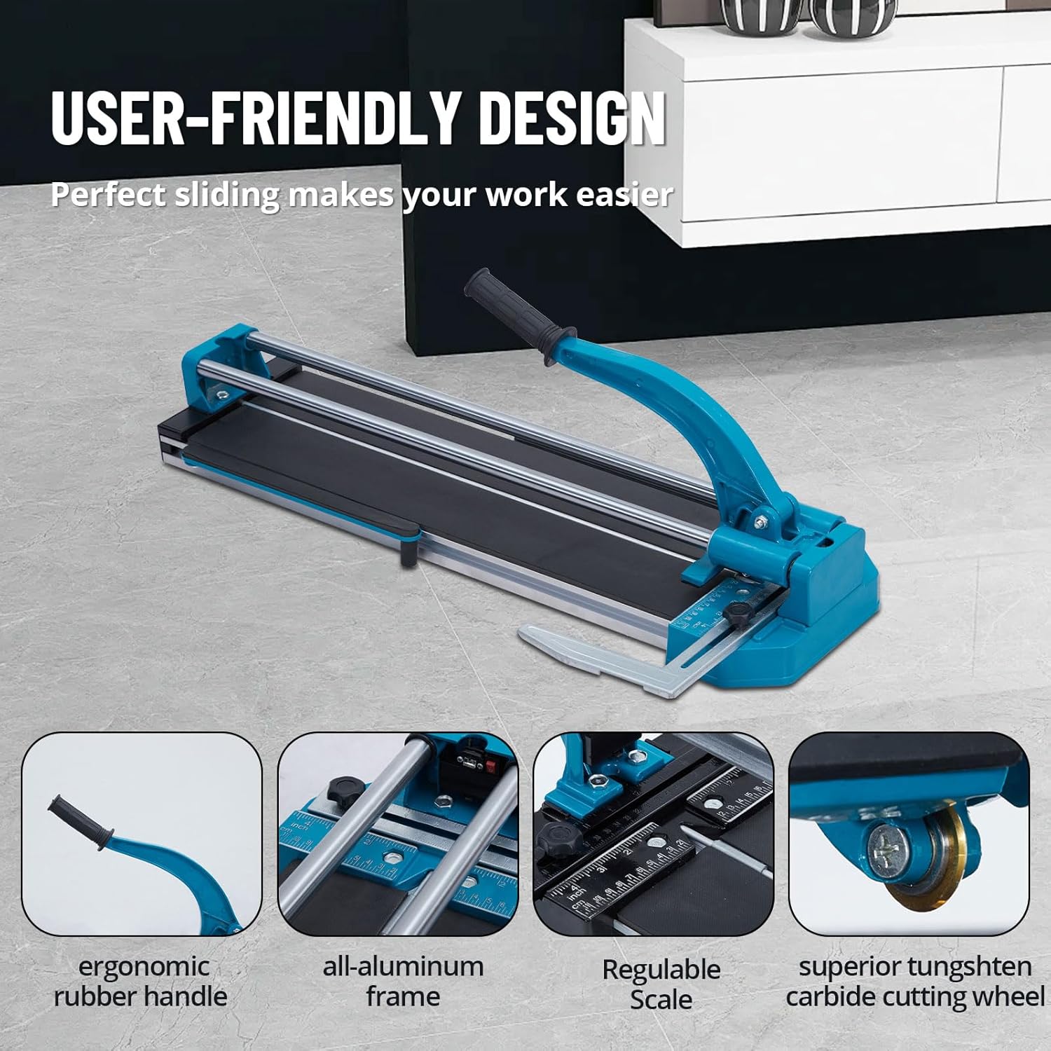 24-Inch Manual Tile Cutter with Tungsten Carbide Wheel Laser Guide and Dual Rails for Precision Cutting of Ceramic Porcelain and Glass Tiles