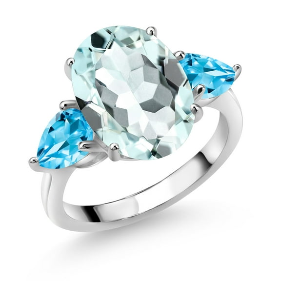 Gem Stone King 925 Sterling Silver Sky Blue Simulated Aquamarine and Swiss Blue Topaz Ring for Women (7.24 Cttw, 14X10MM Oval and 7X5MM Pear Shape, Gemstone, Size 6)