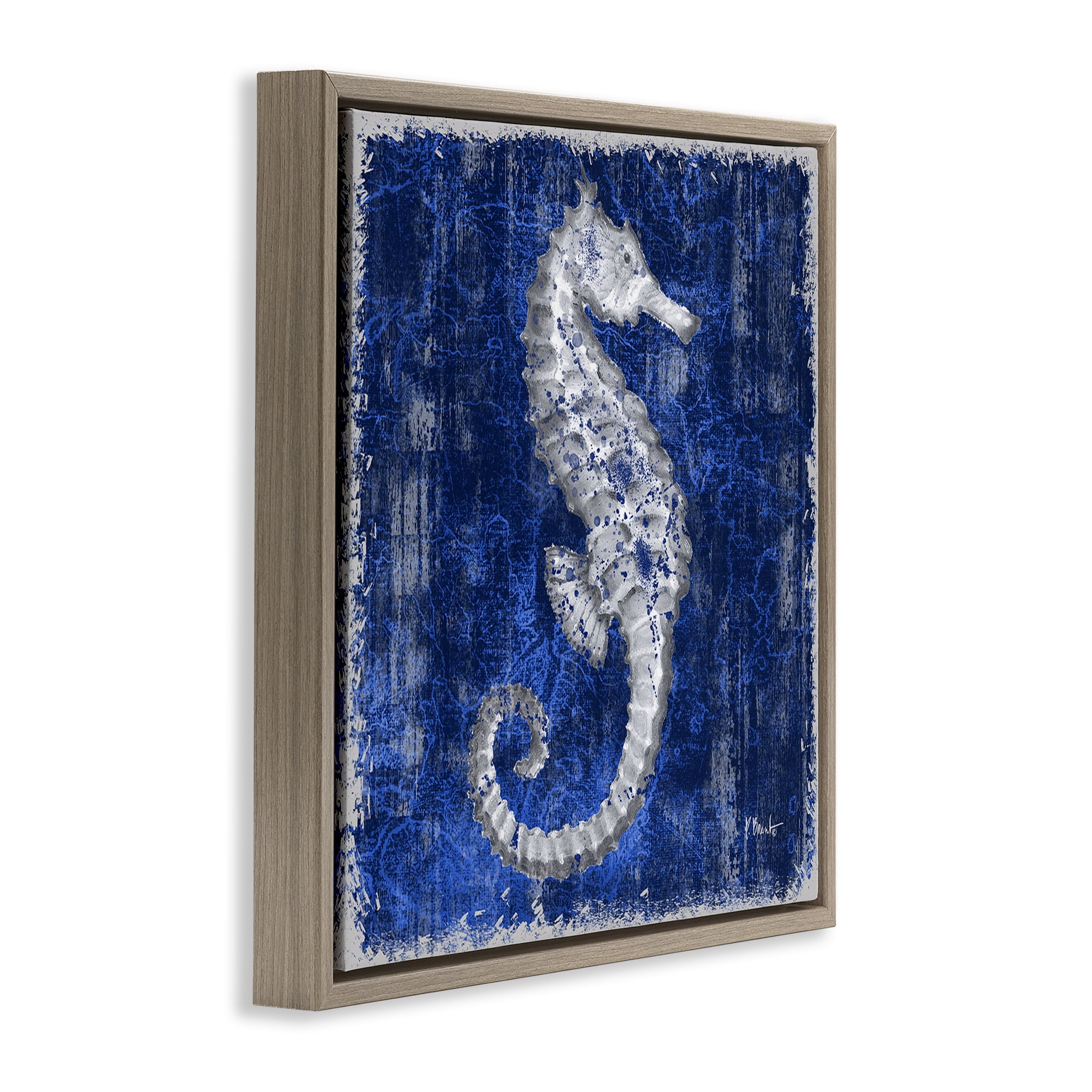 Stupell Industries Rustic Indigo Seahorse Nautical & Beach Painting Brown Floater Framed Canvas Art Print Wall Art, 18 x 18