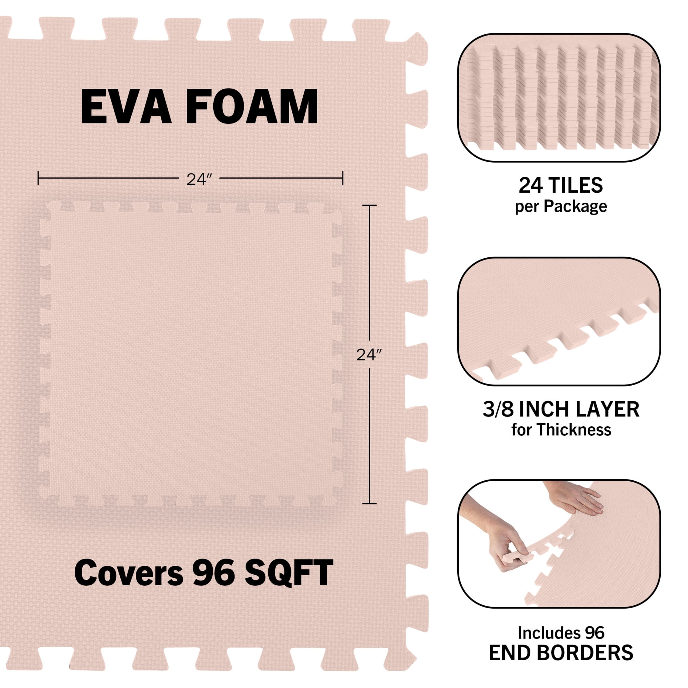Stalwart 96sqft Foam Floor Tiles - Soft Nontoxic Baby Play Mat, Pink