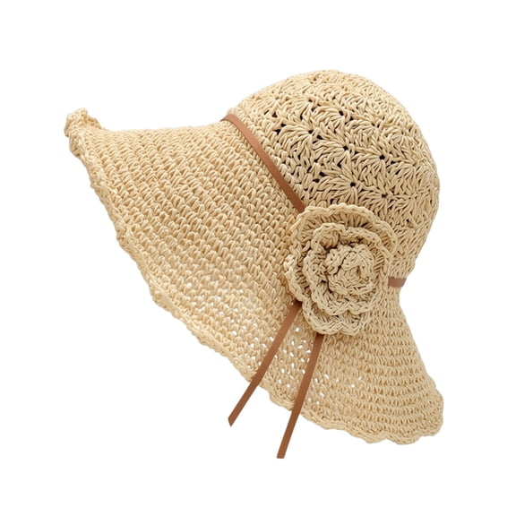 Vinsonshop Womens Straw Sun Hat with Floral Accent Crochet Summer Beach Hats Packable Foldable Wide Brim Travel Cap Uv Protection Elegant Vacation Headwear Beige A
