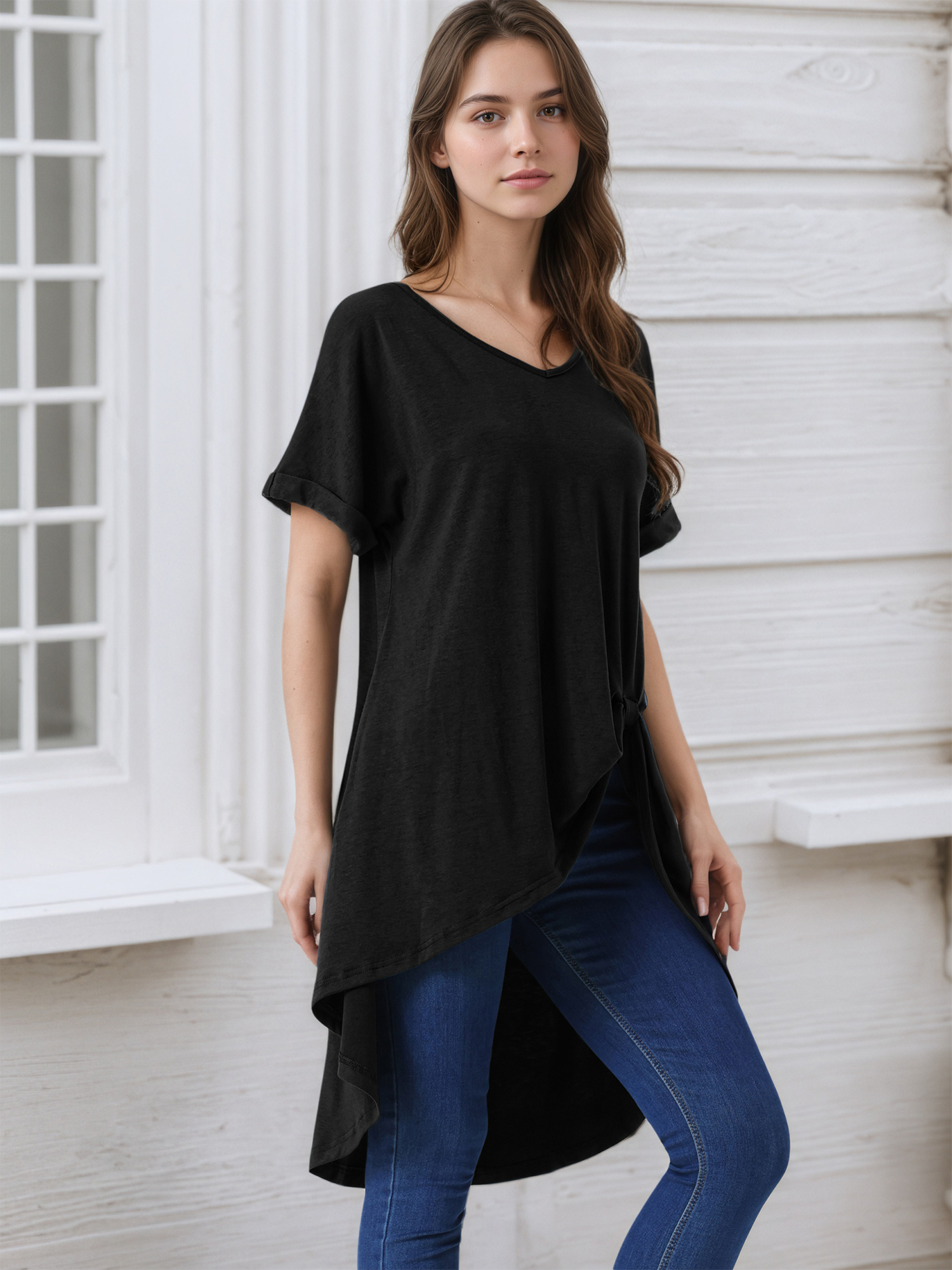 DARING DIVA Women's Short Sleeve High Low Tops Waist Knot Dressy Blouse Black M