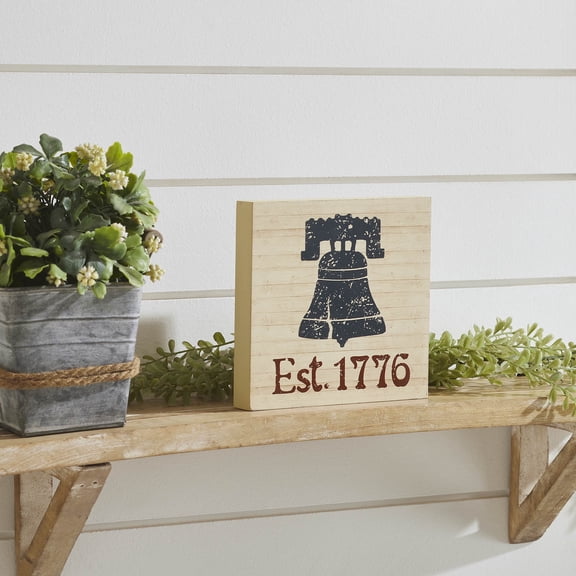 VHC Brands Patriotic My Country Blue Liberty Bell Est 1776 MDF Block Sign 6x6x1, Independence Day Décor, Decorative Sign, Rustic Farmhouse 4th of July Decorations, Light Tan, Patriot Blue, Deep Red
