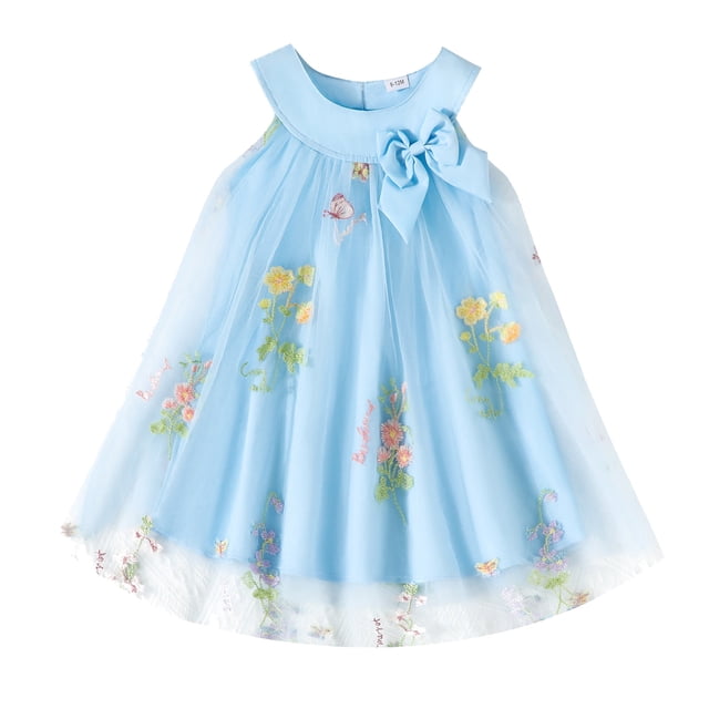 Robes Décontractées pour Bébés Filles Été en Maille Broderie Florale Col Rond Sans Manches Fête Danse Fête Robe de Plage, Bleu, 18-24 Mois