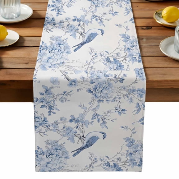 Blue White Flowers Cotton Linen Table Runner for Dining Kitchen, Spring Summer Floral Botanical Wedding Outdoor Party Tablerunners Decoration, Dresser Scarf Coffee Tablecloth Runners 13x70 Inches
