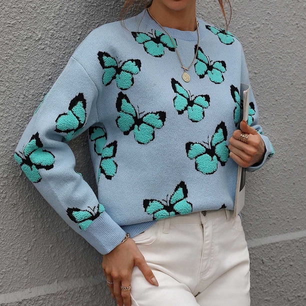 Pntutb Moda Mujer Mangas Largas Cuello Redondo Estampado De Mariposa Tops Sueltos Blusa Suéter De Punto Pntutb Pntutb-2477