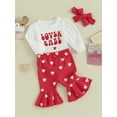 thumbnail image 3 of Suealasg Newborn Girls 3Pcs Valentine's Day Outfit Baby Girls Clothes Set Long Sleeve Letters Print Romper +Heart Print Flared Pants +Headband 3M 6M 12M 18M Infant Girls Spring Clothing, 3 of 9