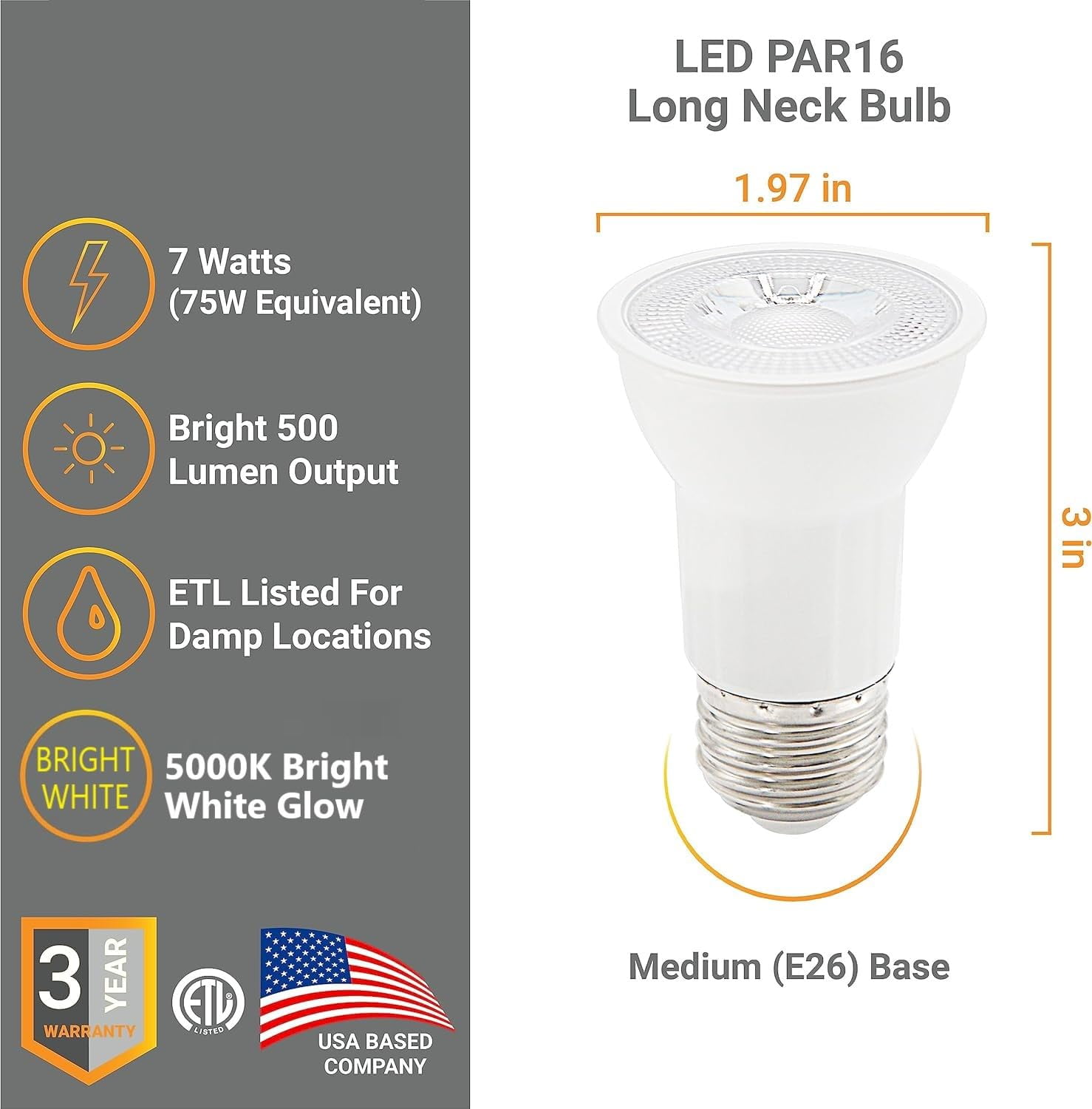 Diodesy- Pack of 6 PAR16/LED/7W/50K/6PK LED PAR16 Dimmable Flood Light Bulb, 7 Watt (75W Halogen Replacement), 5000K Bright White, 500 Lumen, E26 Base Long Neck Recessed Spotlight, 40? Beam Angle,ETL