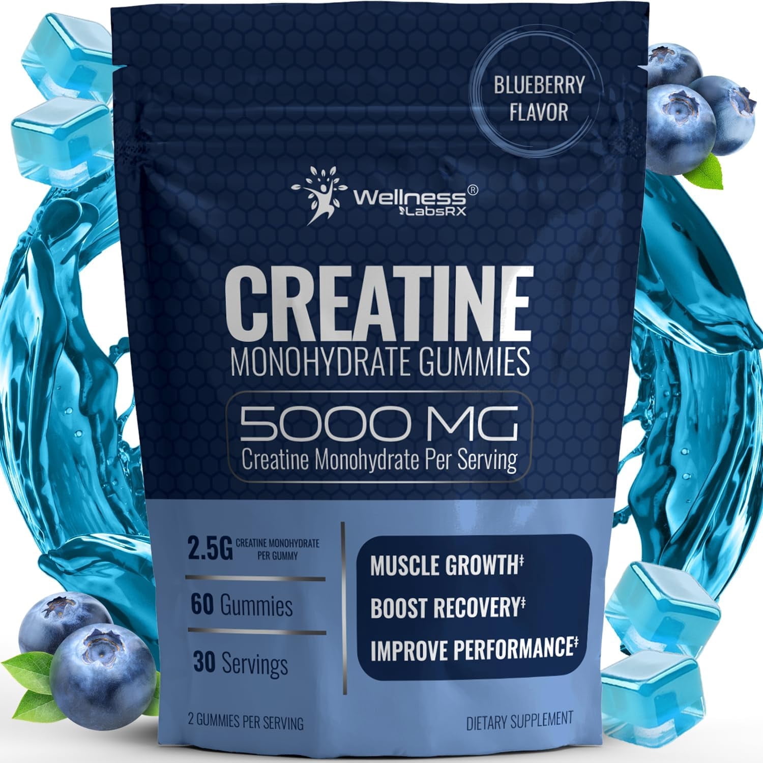 WELLNESS LABSRX Creatine Monohydrate Gummies 5000mg For Men & Women, Bluebrry Flavor, 60 Count