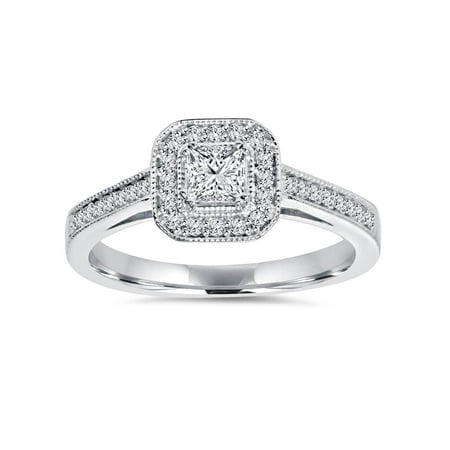 5/8ct Princess Cut Diamond Halo Engagement Ring 14k White