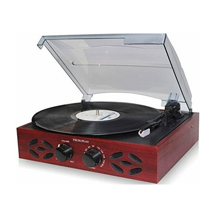 TechPlay 3 Speed Wooden Retro Classic Turntable with FM Radio, Headphone Jack and Built in Speakers -