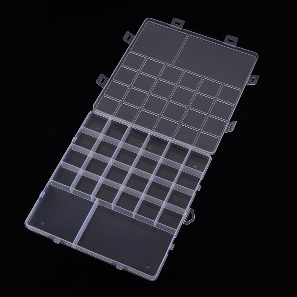 Polypropylene(PP) Bead Storage Containers 26 Compartments Organizer Boxes Rectangle with Cover Clear 19x20x1.8cm Hole: 17x6mm compartment: 3x3cm 7.05x7.05cm 11.3x7cm