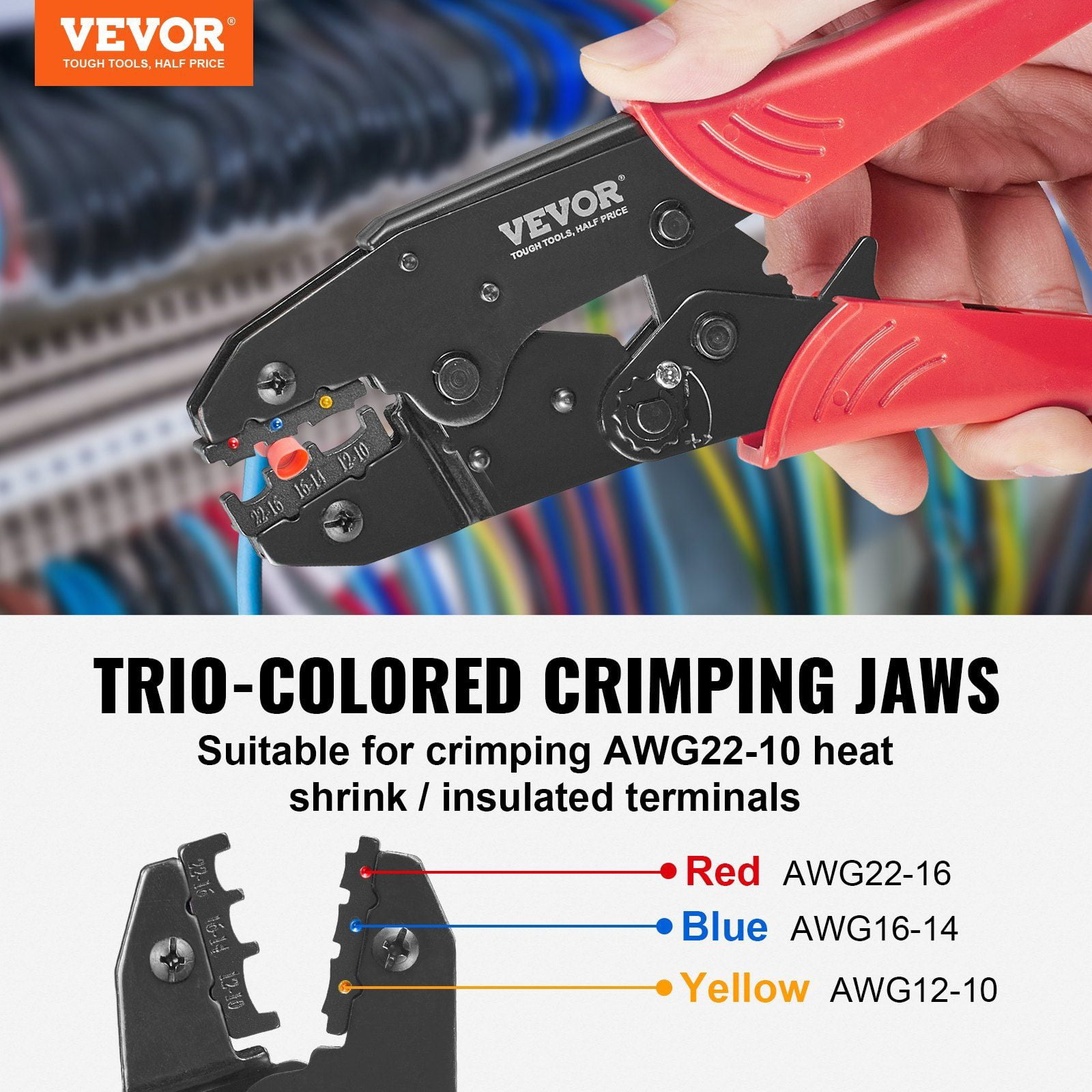 Labor-Saving Ratchet Electrical Terminal Crimping Plier Kit for AWG22-10 Insulated Connectors, Includes Wire Stripper & 210pcs Heat Shrink Tubing