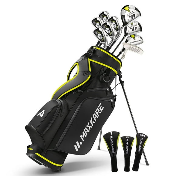 Ensemble Complet de Clubs de Golf Golf pour Hommes Régulier Ensemble Complet de 9 Pcs, 3 Couvre-Chefs, Sac avec Support - Main Droite, Jaune