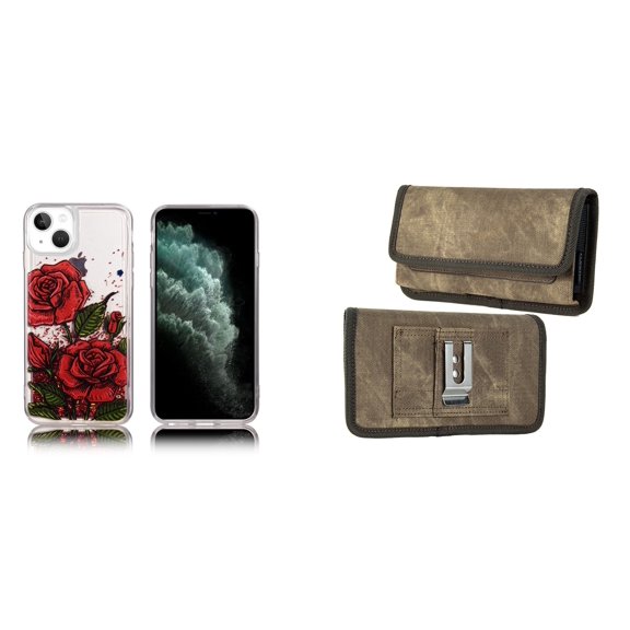 Liquid Glitter Case for iPhone 14 Plus and Belt Holster Pouch (Red Rose/Brown)
