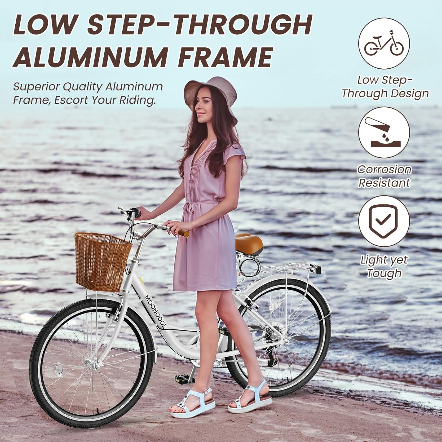 Classic Women Commute Bike with Basket, 24" Shimano 7 Speeds Adult Cruiser Bicycle for Ladies - Hi-Ten Steel Frame - Ideal for Urban Commuting and Beach Rides