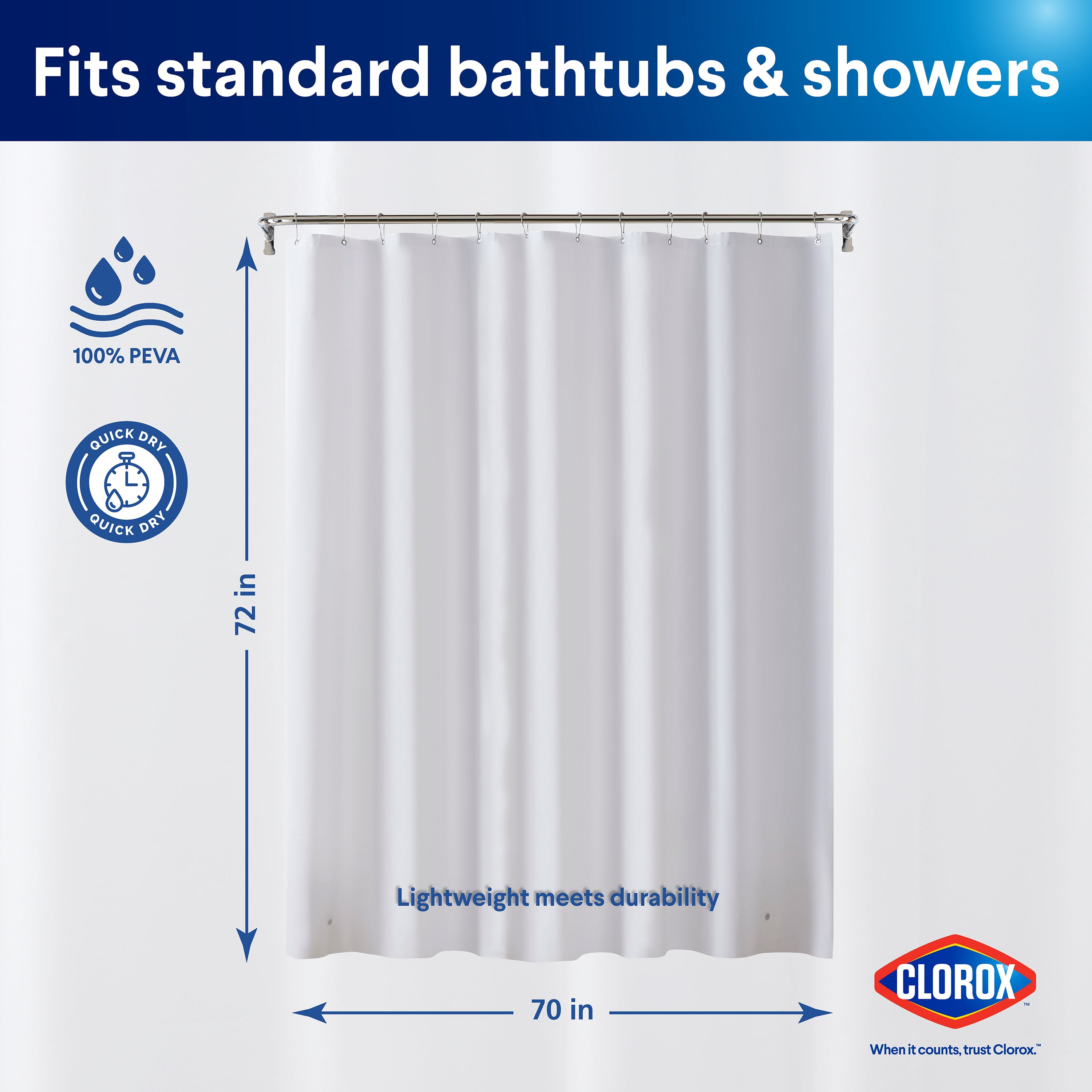Clorox Shower Curtain Liner, Extra Lightweight Flexible Waterproof 3g PEVA for Bathroom with Weighted Magnets, Standard Size 70" x 72", Frosty 1 Pack