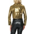 thumbnail image 3 of INSPIRE CHIC Shiny Metallic Shirt for Women's V Neck Button DownTop Summer Outfit S Gold, 3 of 5