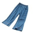 thumbnail image 4 of Avrntaa Little Girls Elastic Waist Denim Pants Baggy Wide Leg Pants Cute Flower Embroidery Casual Trousers, 4 of 5