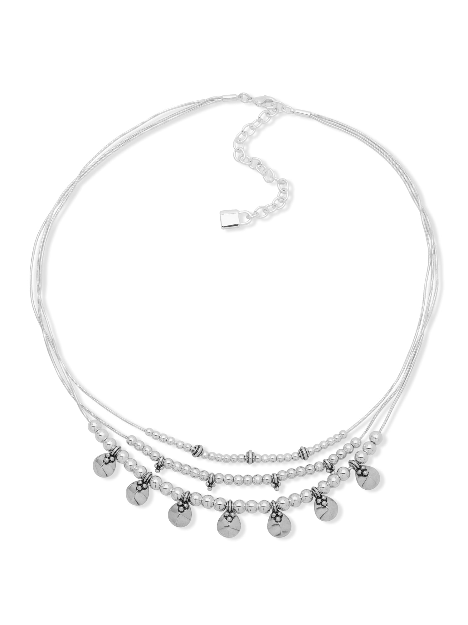 Chaps Women's Silver Tone Beaded Detail Multirow Statement Necklace, 17'