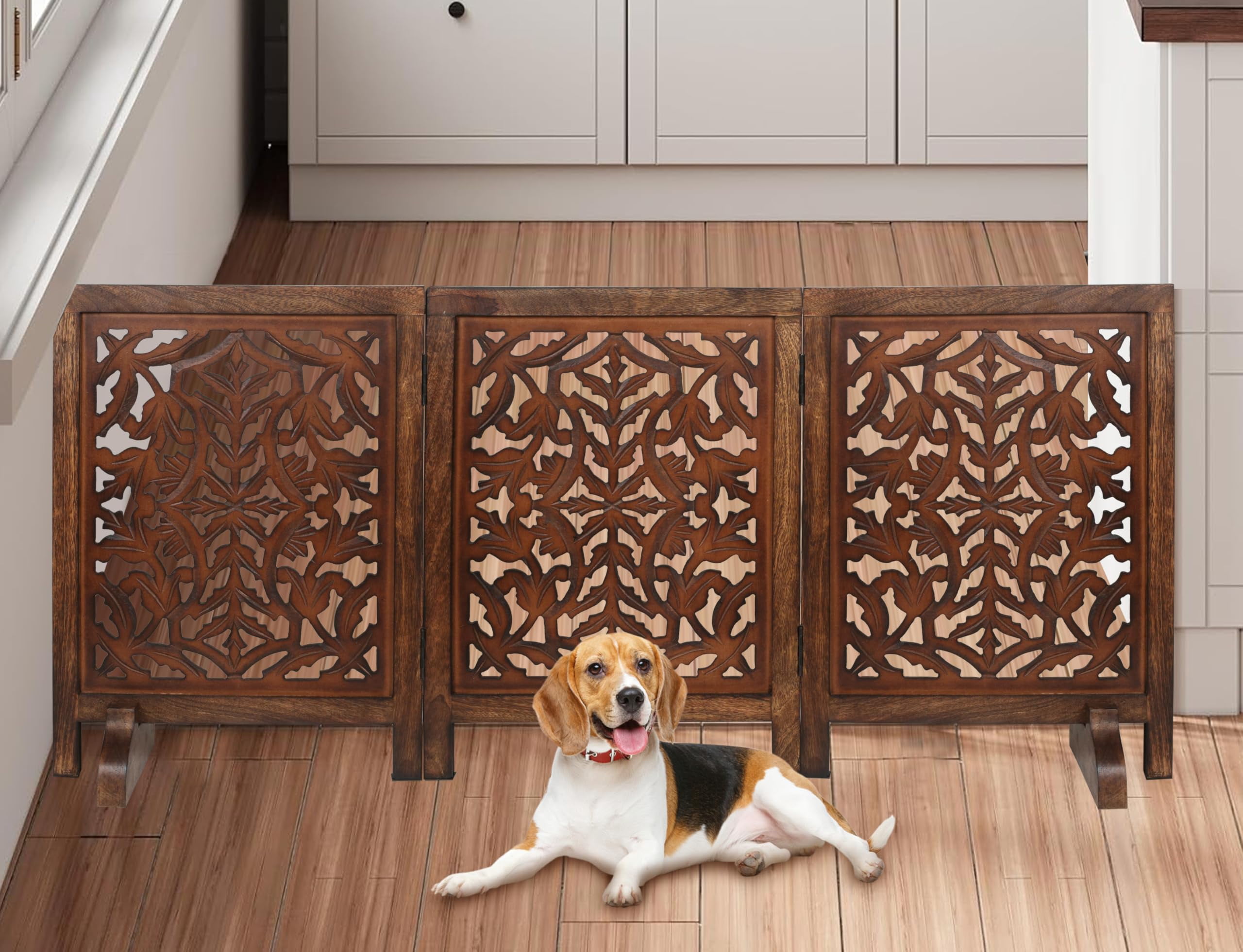 Free Standing Dog Gate – 3 Panel Foldable Wooden pet gate Indoor 54" W x 24" H, Hand-Carved Solid Wood & MDF, Portable Indoor Gate for Doorways, Halls, Stairs – Fully Assembled_Burnt Finish