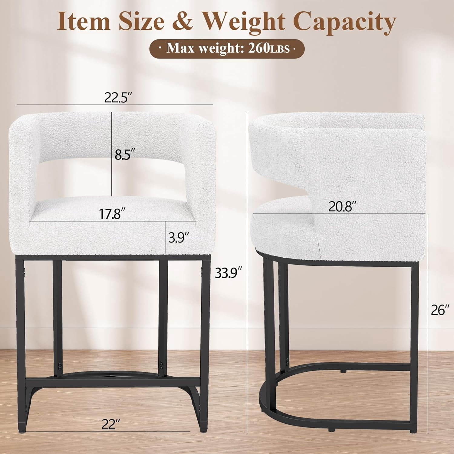 Westice Counter Height Stools for Kitchen Island Set of 2, 28" Barral Bar Stools with Backrest, Black Metal Frame, Upholstered Linen Fabric Stools for Pub, Club, Dining Room, Beige