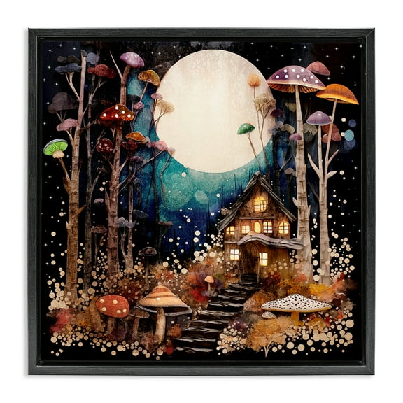 Stupell Industries Whimsical Mushroom Cottage Landscape & Nature Painting Black Floater Framed Canvas Art Print Wall Art, 18 x 18