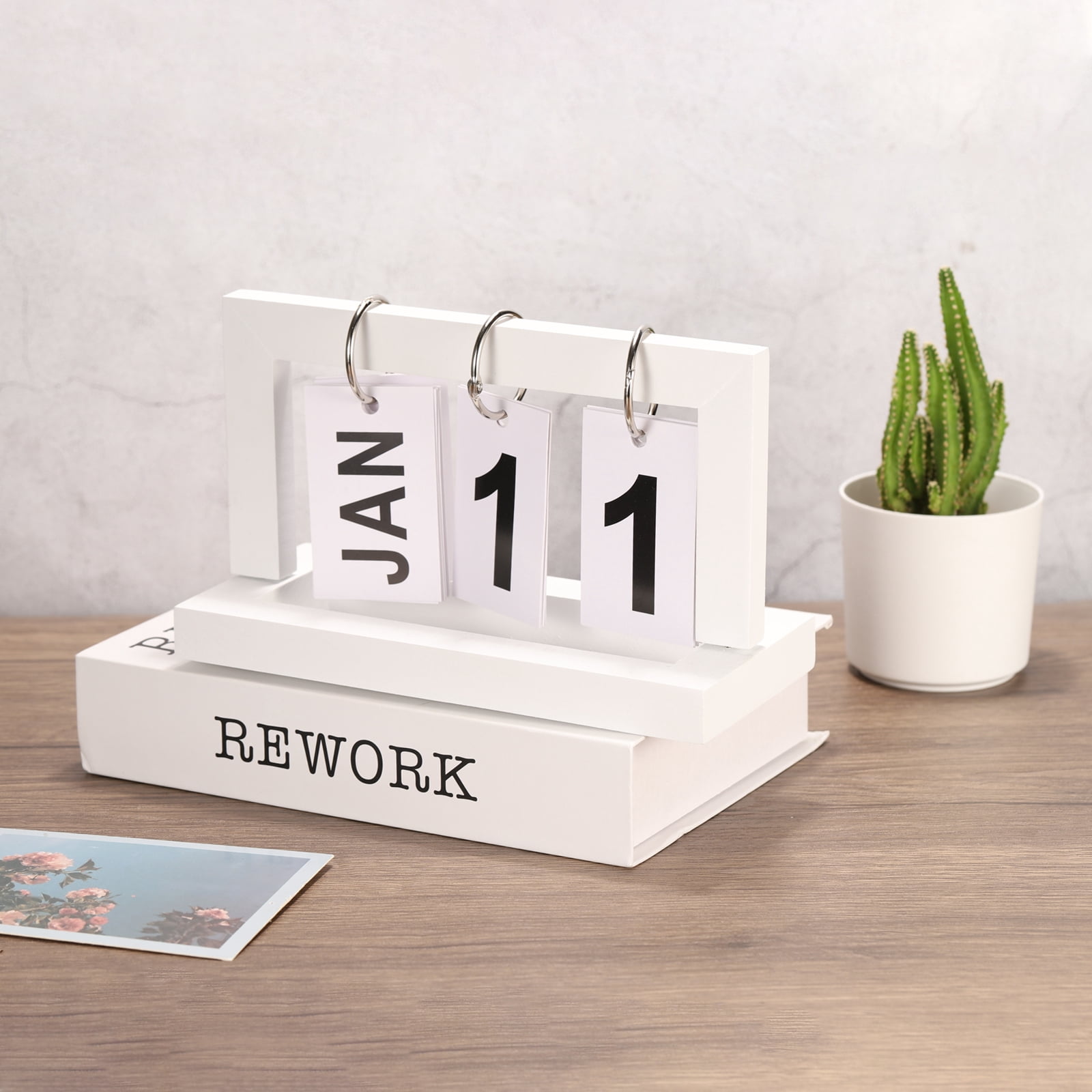 Unique Bargains Vintage Wood Perpetual Calendar for Desk Office Home Decoration White
