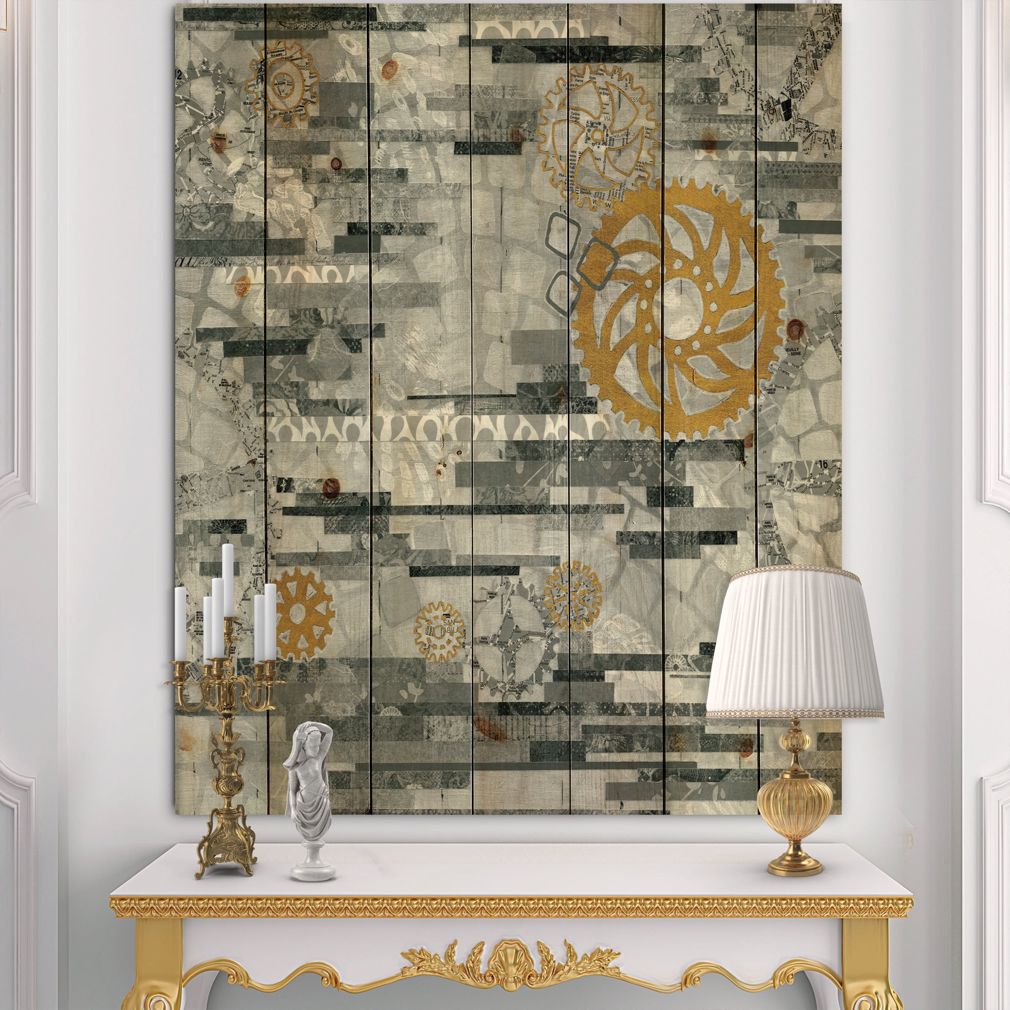 Designart 'Modern Gold Timetable On Gray II' Glam Print on Natural Pine Wood