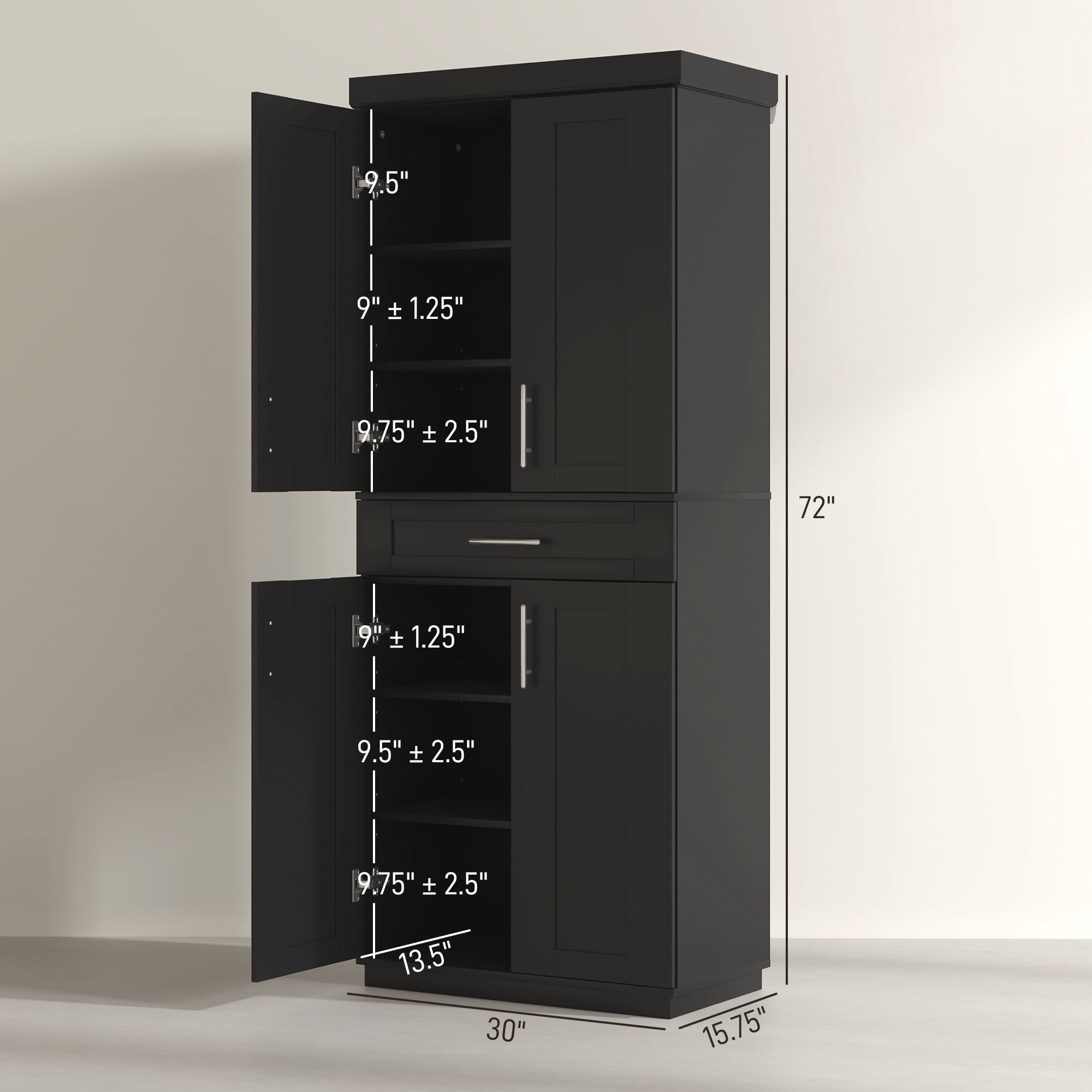 HOMCOM Tall Kitchen Pantry Freestanding Cabinet Cupboard with Doors and Drawer, Adjustable Shelving, Black