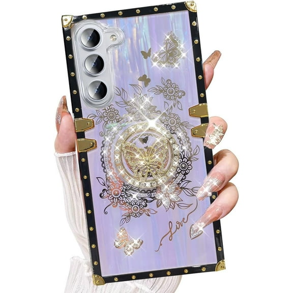 for Samsung Galaxy A16 Kickstand Case, Glitter Luxury Woman Girly Cute Butterfly Ring Holder Foldable Stand Shockproof Floral Pattern Golden Plated Soft TPU Flexible Cover for A16 5G, Purple