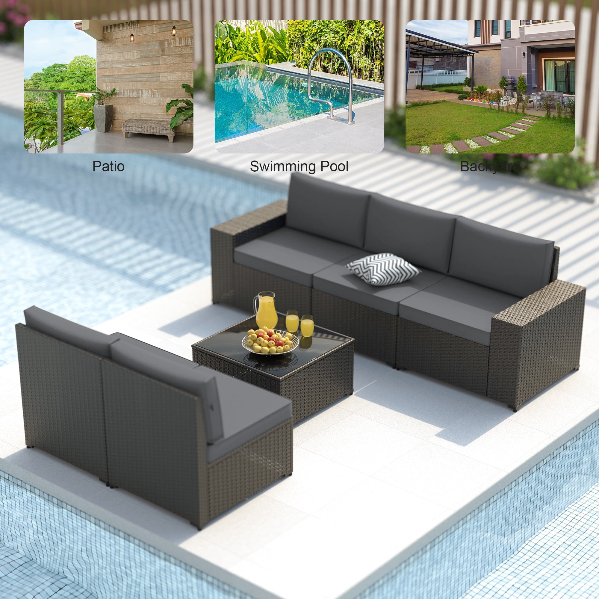 Phonjoro 7 Pieces Outdoor Patio Furniture Set with 42” Fire Pit Table, Rattan Patio Sectional Sofa Conversation Set w/ 50000 BTU Propane Fire Pit and Coffee Table for Garden, Backyard