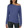 thumbnail image 7 of ClodeEU Women's Asymmetric Shoulder Pleated Long-Sleeve Slim Fit Tshirt ,Boat Neck Off Shoulder Blouse Tops Blue,Womens Plus XXL, 7 of 7