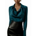 thumbnail image 2 of Women'S Elegant Satin Silk Blouse Cowl Neck Ruched Front Draped Long Sleeve Work Office Shirt Top Blue S, 2 of 6