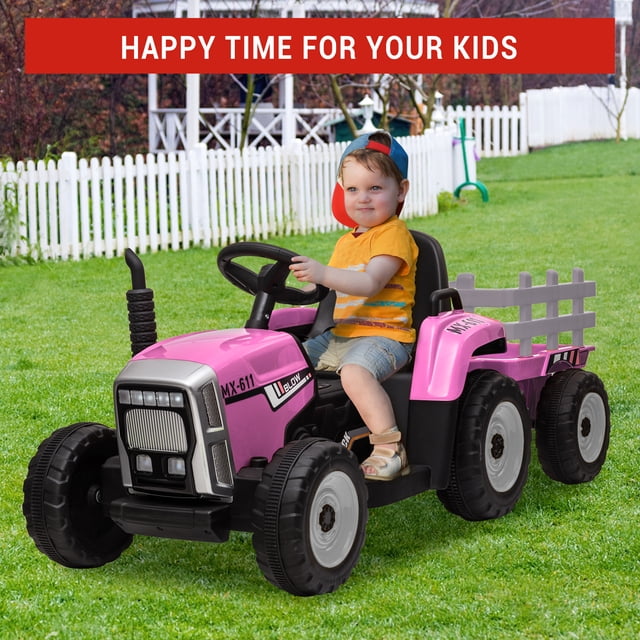 Kojooin Kids Ride On Tractor with Detachable Trailer, 12V Electric Ride On Toy with Remote Control and LED Headlights