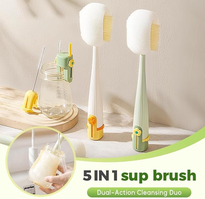 5 in 1 Bottle Lid Gap Cleaning Brush Set, Multifunctional Cup Cleaner for Baby Bottles, Drinking Cups & Straws, Modular & Detachable Design with Long Handle, Easy Rinsing