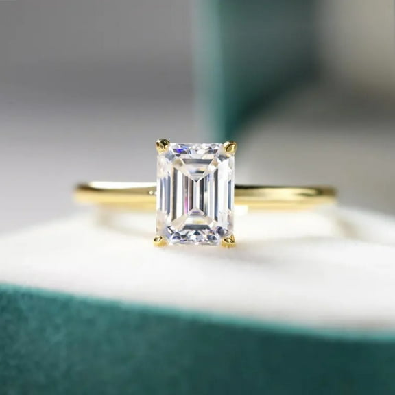 1.50 TCW Emerald Cut Real Moissanite Engagement Ring Solitaire Hidden Halo Gift Ring for Women 18k Yellow Gold Plated