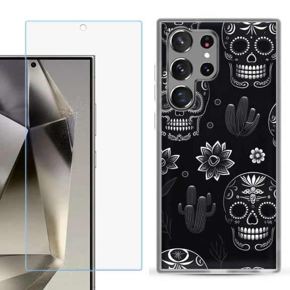 OneToughShield ® Compatible with Samsung Galaxy S24 Ultra, Shockproof Phone Case, with Tempered Glass Screen Protector - Skull Mix