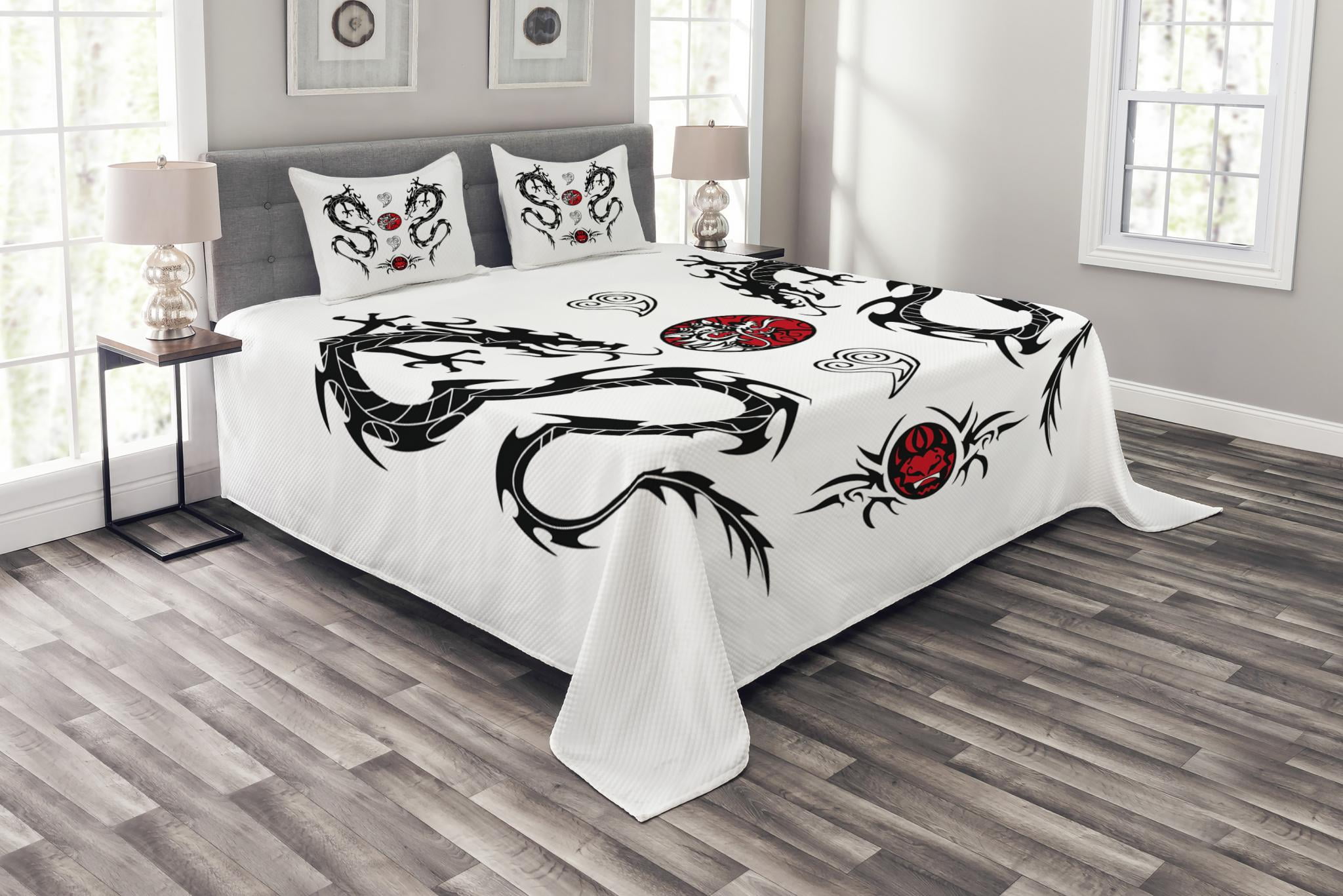 Dragon Quilted Bedspread & Pillow Shams Set Tribal Tattoo Asian Print 