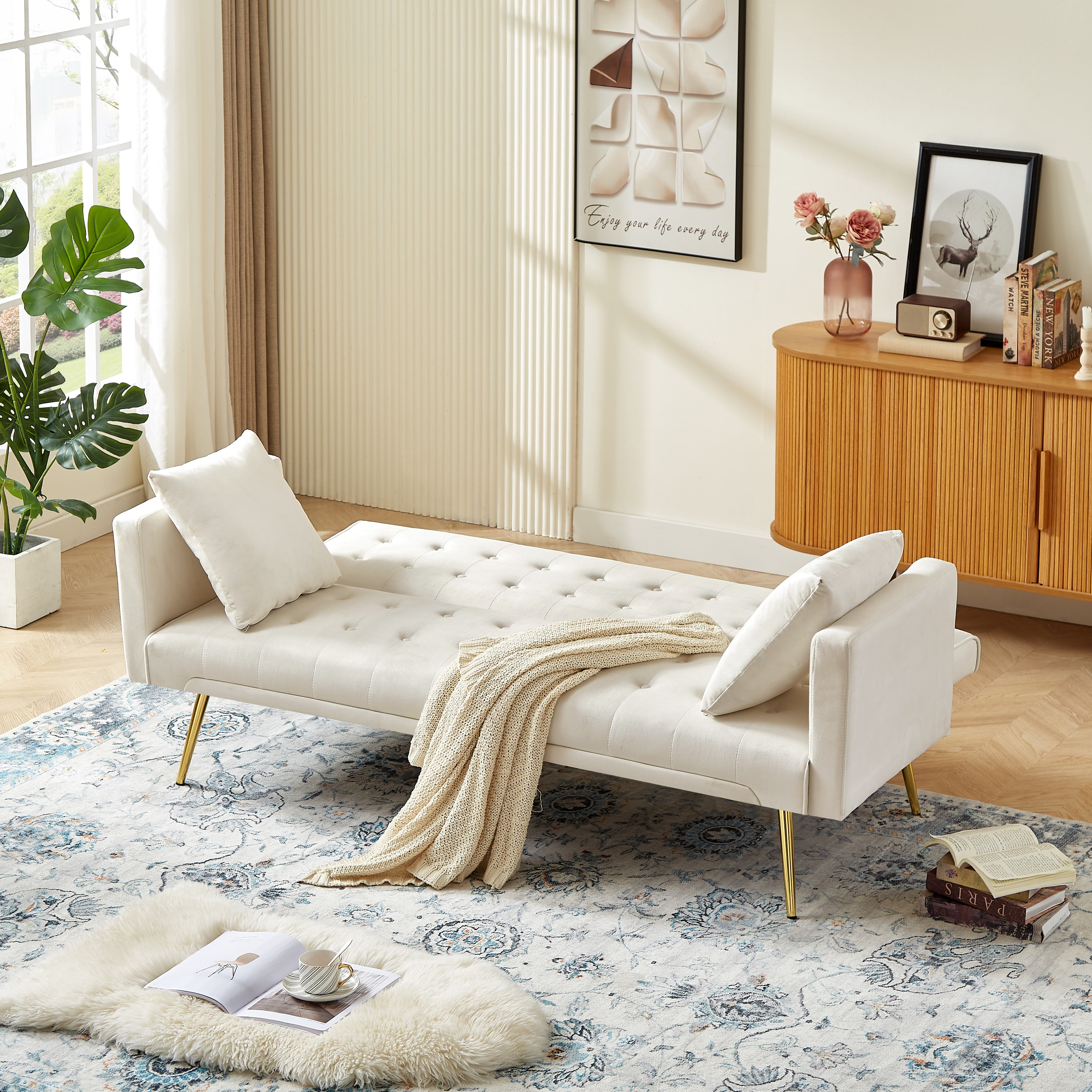 Leumius Velvet Futon Sofa Bed,Adjustable Convertible Folding Sleeper Couch Bed for Compact Living Spaces,Beige