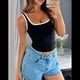 thumbnail image 4 of Camiseta de Tirantes Finos Ajustada con Cuello Cuadrado y Canalé de Verano para Mujer, Color Negro, Talla M, 4 of 10