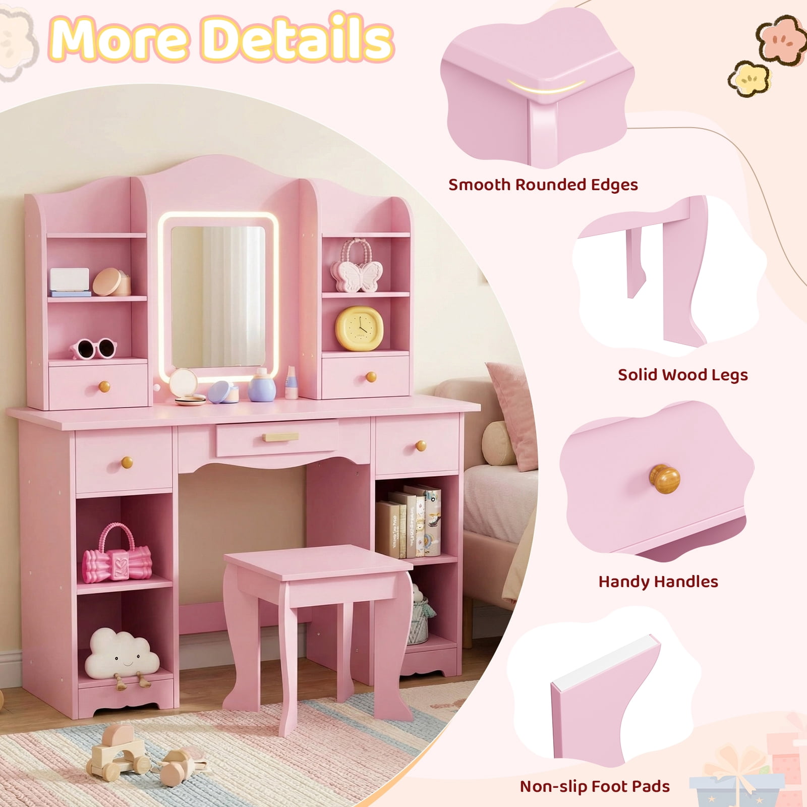 Pirecart Kids Vanity Set, Children Dressing Table and Chair with Mirror Drawer, 3 Color Lights, Large Storage, Detachable Shelf, Pink