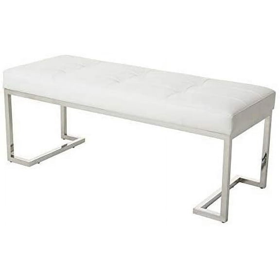Strange DNA William Bench | Rectangle Stainless Steel Frame with Tufted Faux Leather | Fully Assembled Accent Long Dining Bench Seat Furniture for Living Room, Entryway or Hallway (White)
