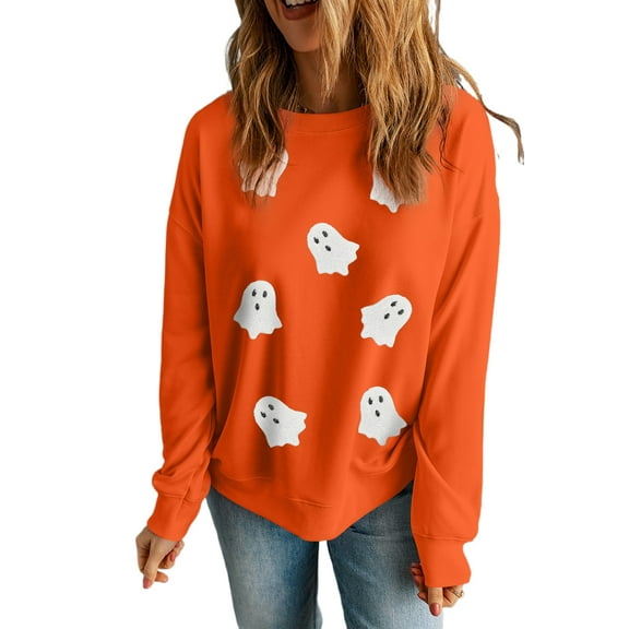 Women's Orange Sequin Halloween Ghost Patched Drop Shoulder Sweatshirt | [ZhiHiMeRi] | 2XL