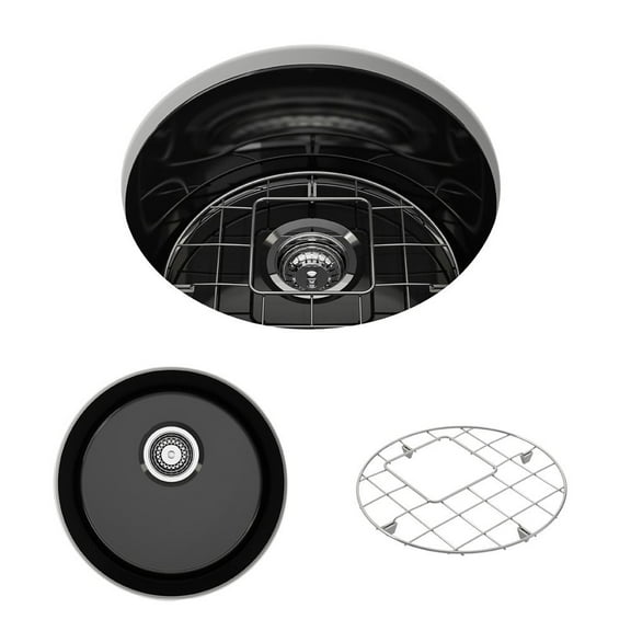 BOCCHI Sotto Round Undermount Fireclay 18.5 in. Single Bowl Kitchen Sink with Protective Bottom Grid and Strainer in Black