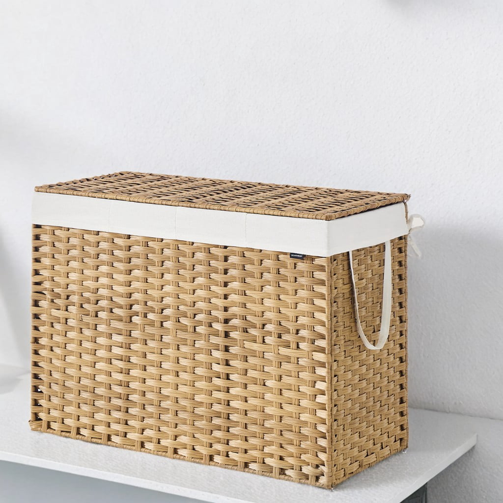 LEDREM 200L Double Laundry Hamper with Lid, 4 Sections & 6 Mesh Bags, Wicker Design, Removable Liners, for Bathroom/Bedroom, Natural
