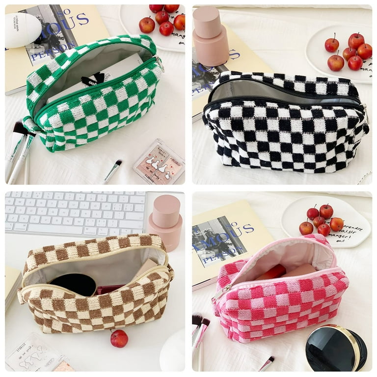 Makeup Bag for women Large Brown Checkered Makeup Bag Cosmetic Bags for  Women Aesthetic Stuff Travel Pouch Bags Purse Essentials