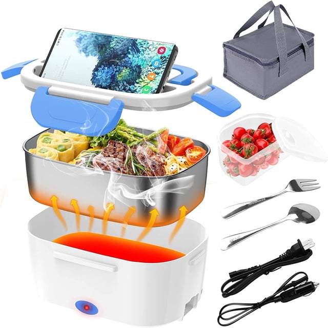 Electric Lunch Box 60W Food Warmer Heater 12V 24V 110V Faster Heated Lunch Box for Car/Truck/Home Portable Heating Boxes with 1.5L 306 SS Container Fork & Spoon