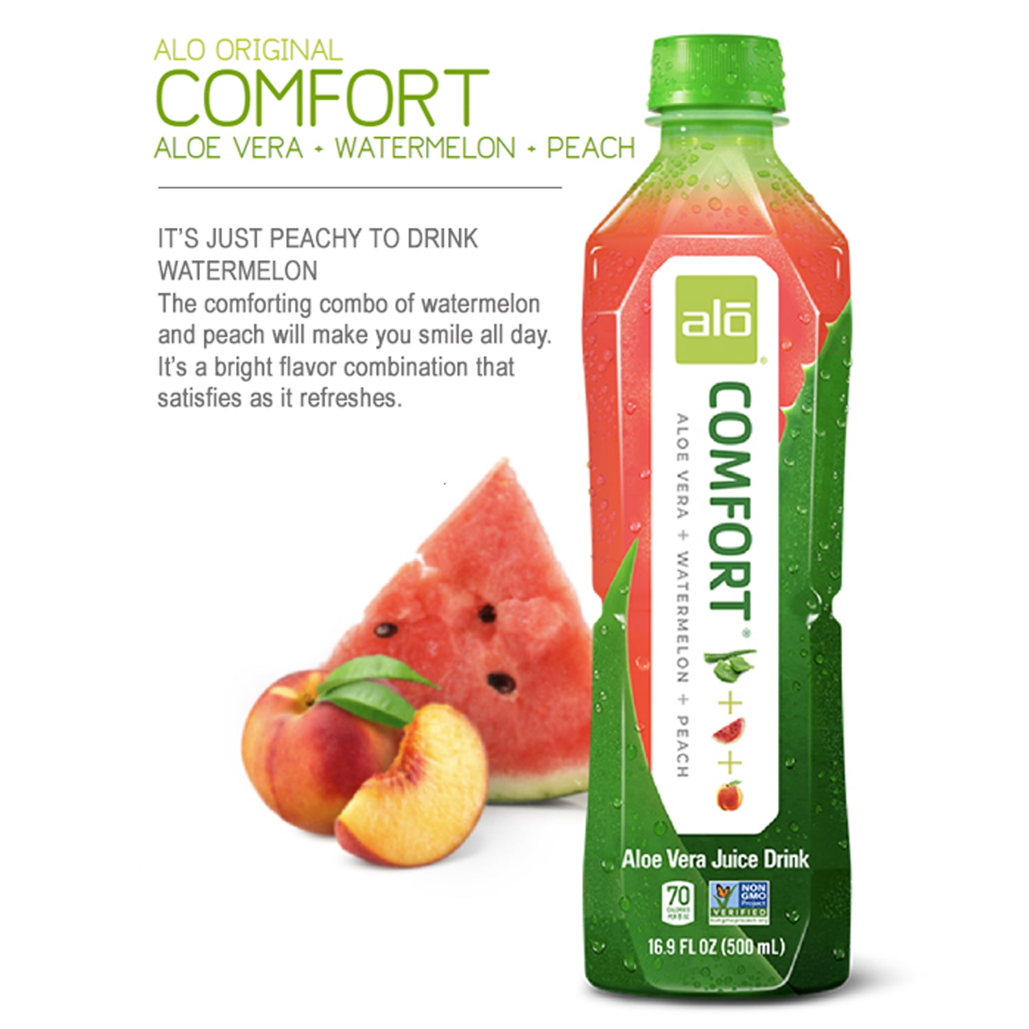 Alo Comfort Aloe Vera Juice Drink, Watermelon + Peach + Aloe, 12 x 16.9 Fl oz bottles, Made with Real Aloe Vera Pulp & Juice Straight from the Leaf