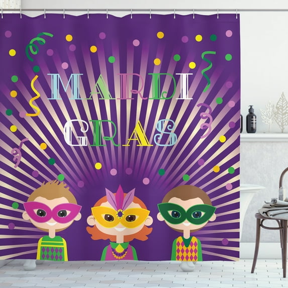 New Orleans Shower Curtain, Fat Tuesday Mardi Grass Party Starburst Pattern Figures with Harlequin Masks, Fabric Bathroom Set with Hooks, 69W X 75L Inches Long, Multicolor, by Ambesonne